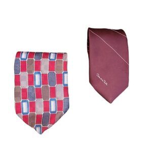BUNDLE 2 Vintage Oscar De La Renta Couture Red Blue Silk Tie Burgundy Tie